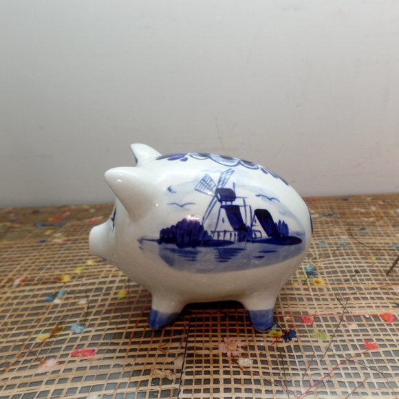Delft Blauw Piggy Bank Windmill Porcelain 4" - Picture 2 of 9